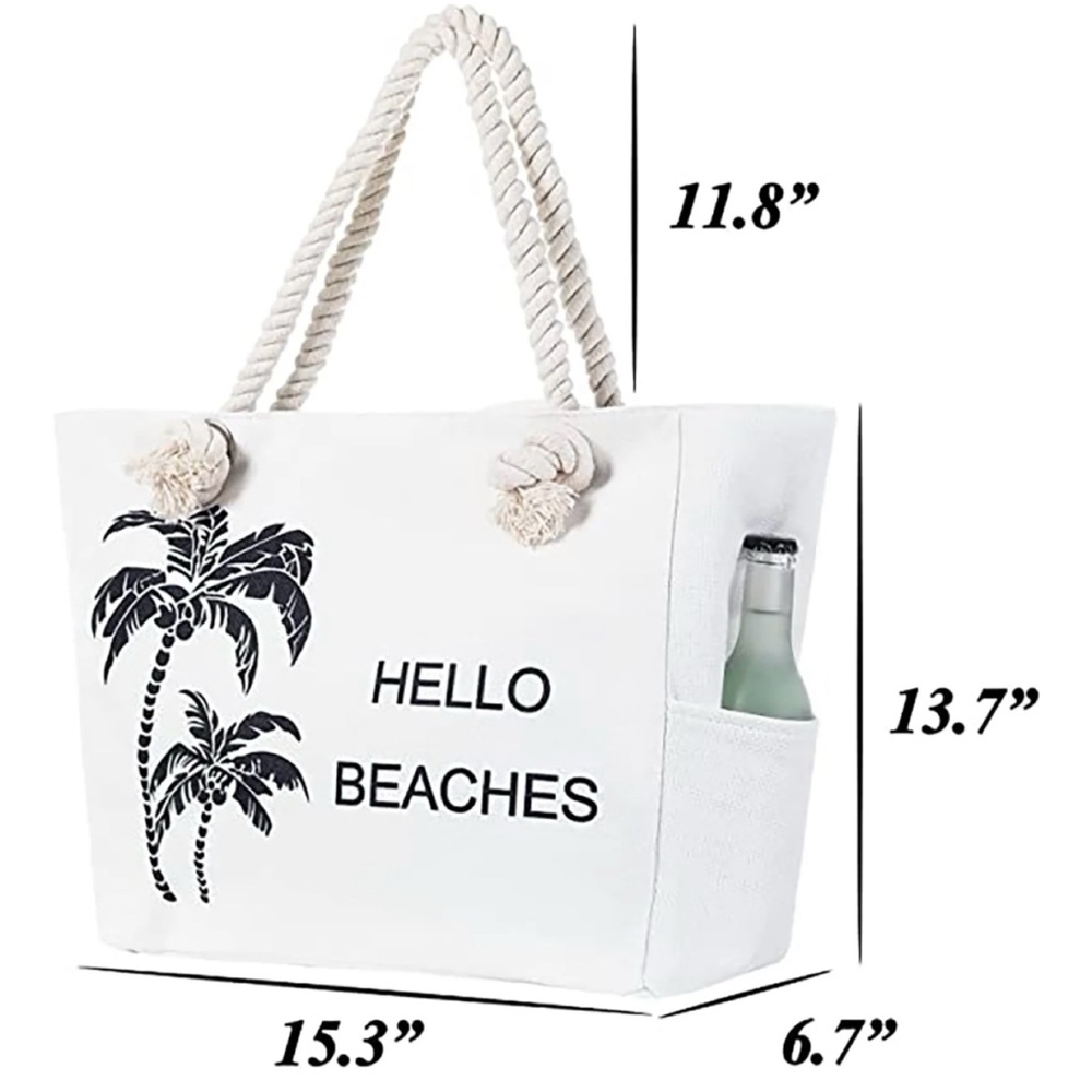 (NWT) TESALATE • Cream/Black “Hello Beaches” and Palm Trees Large Beach Tote Bag - Picture 4 of 15